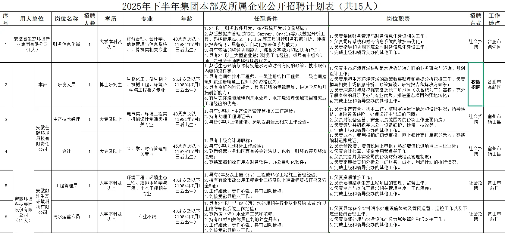 2025下半年安徽省生态环境产业集团招聘15人