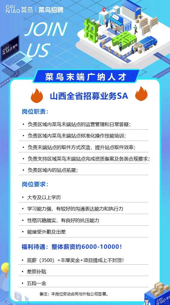 菜鸟公司招聘，双休+五险一金（晋中地区）