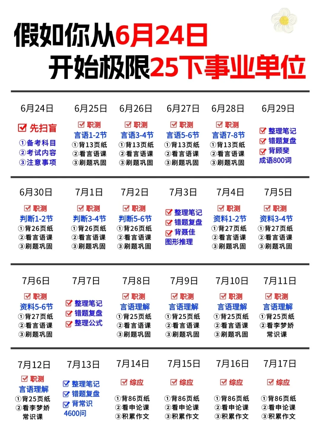 25下事业单位?假如你从6.24日后备考