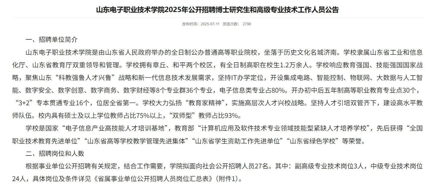 山东电子职业技术学院2025年公开招聘公告