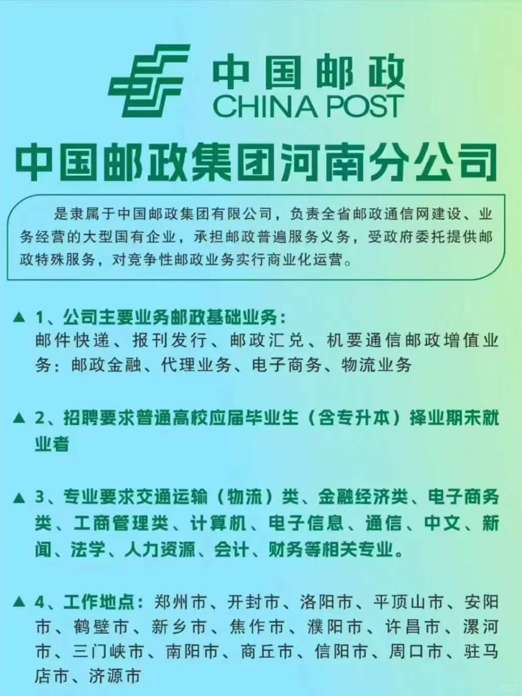 中国邮政河南分公司招聘