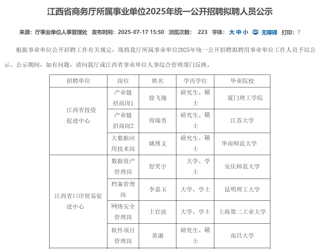 江西省商务厅事业单位公示人员名单