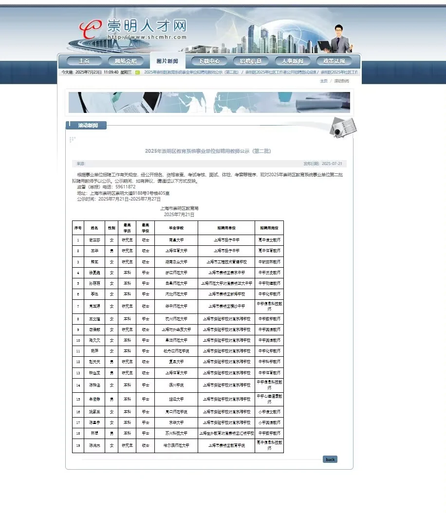 2025崇明教师招聘公示名单第二批