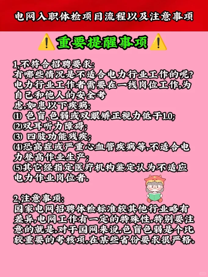 电网入职体检项目/注意事项/不合格标准