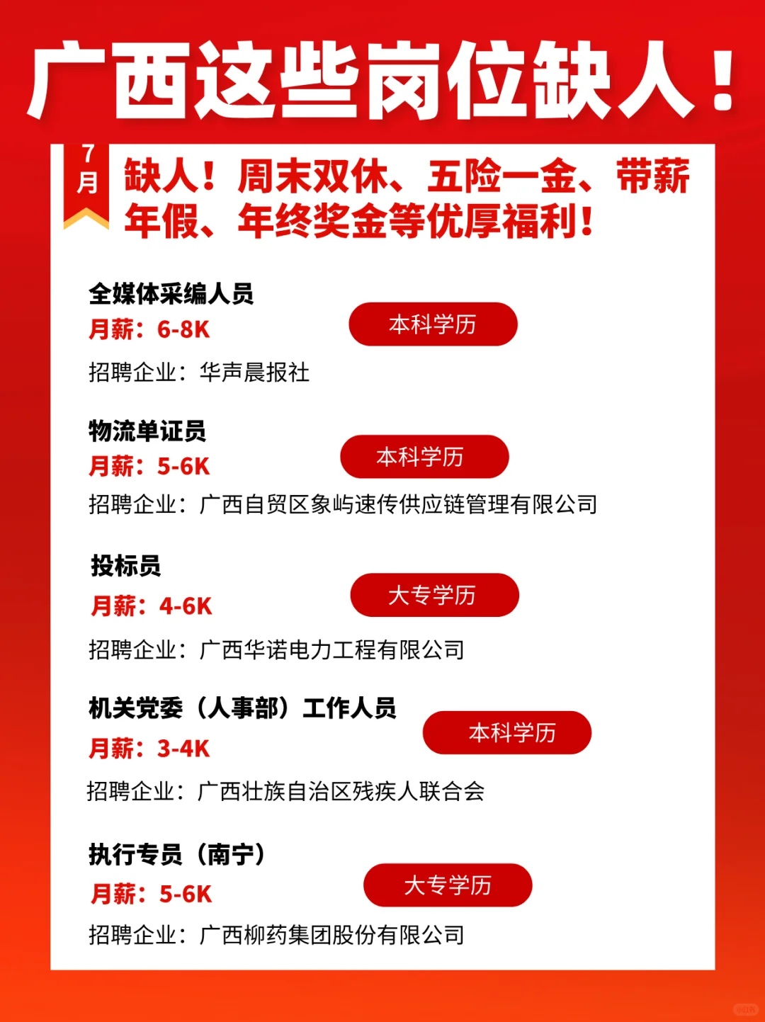 7月广西优质急聘岗位！