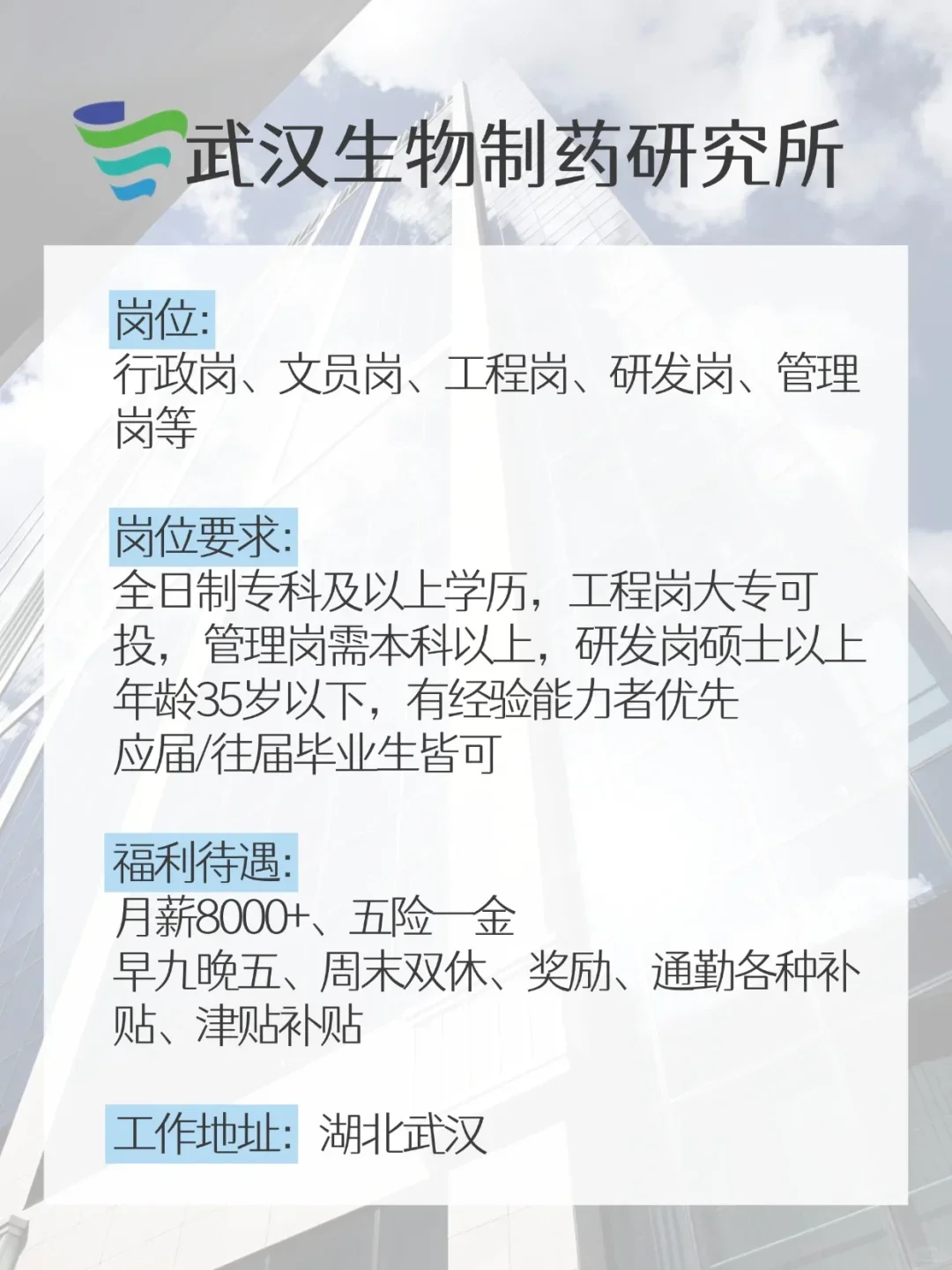 ?武汉生物制药研究所招人啦!