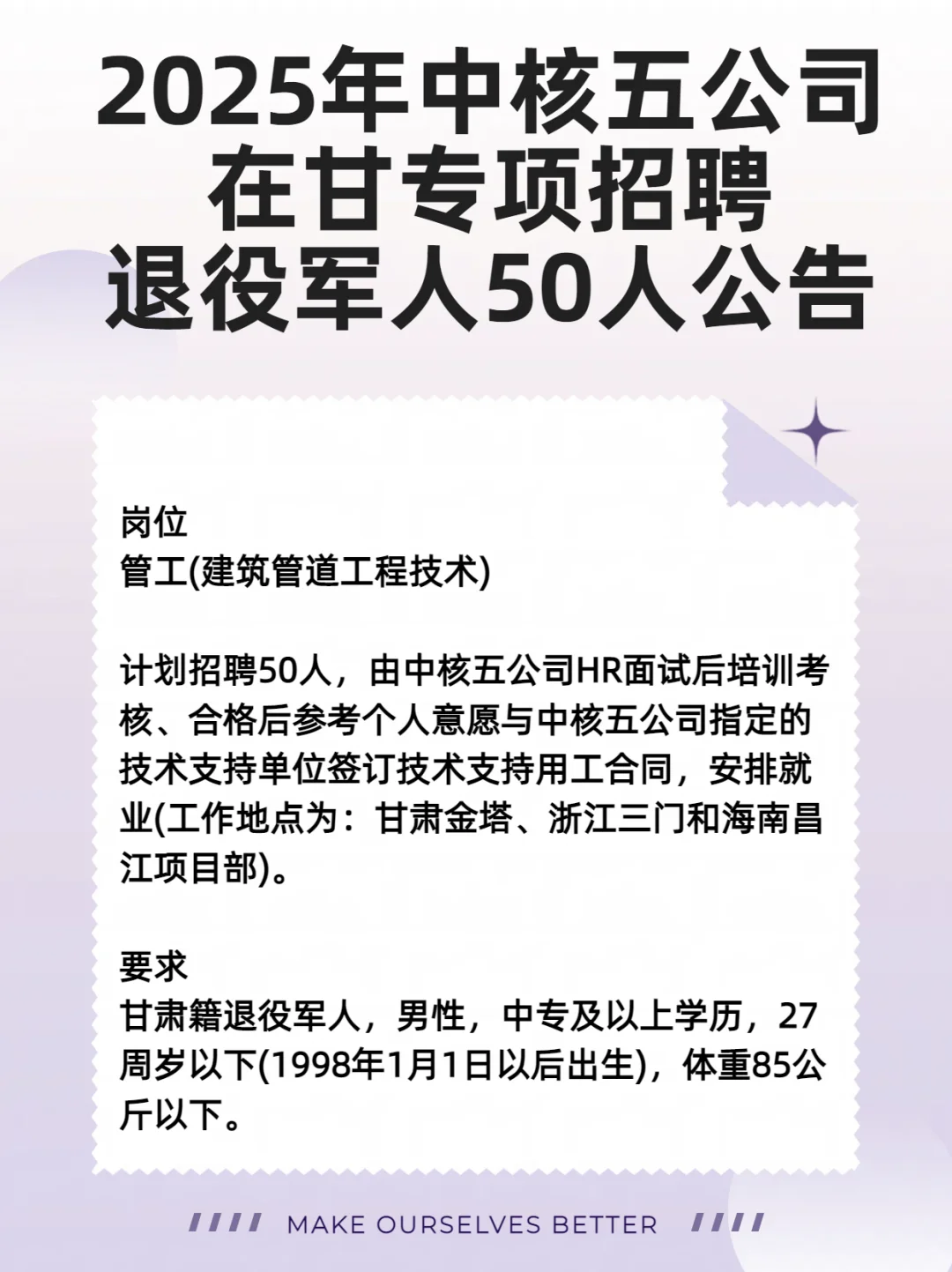 2025年中核五公司招聘退役军人50人公告