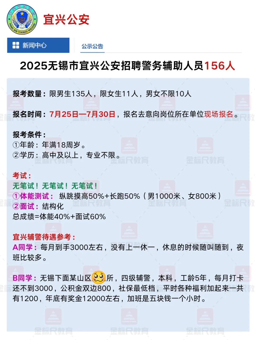 无笔试!宜兴招聘辅警156人
