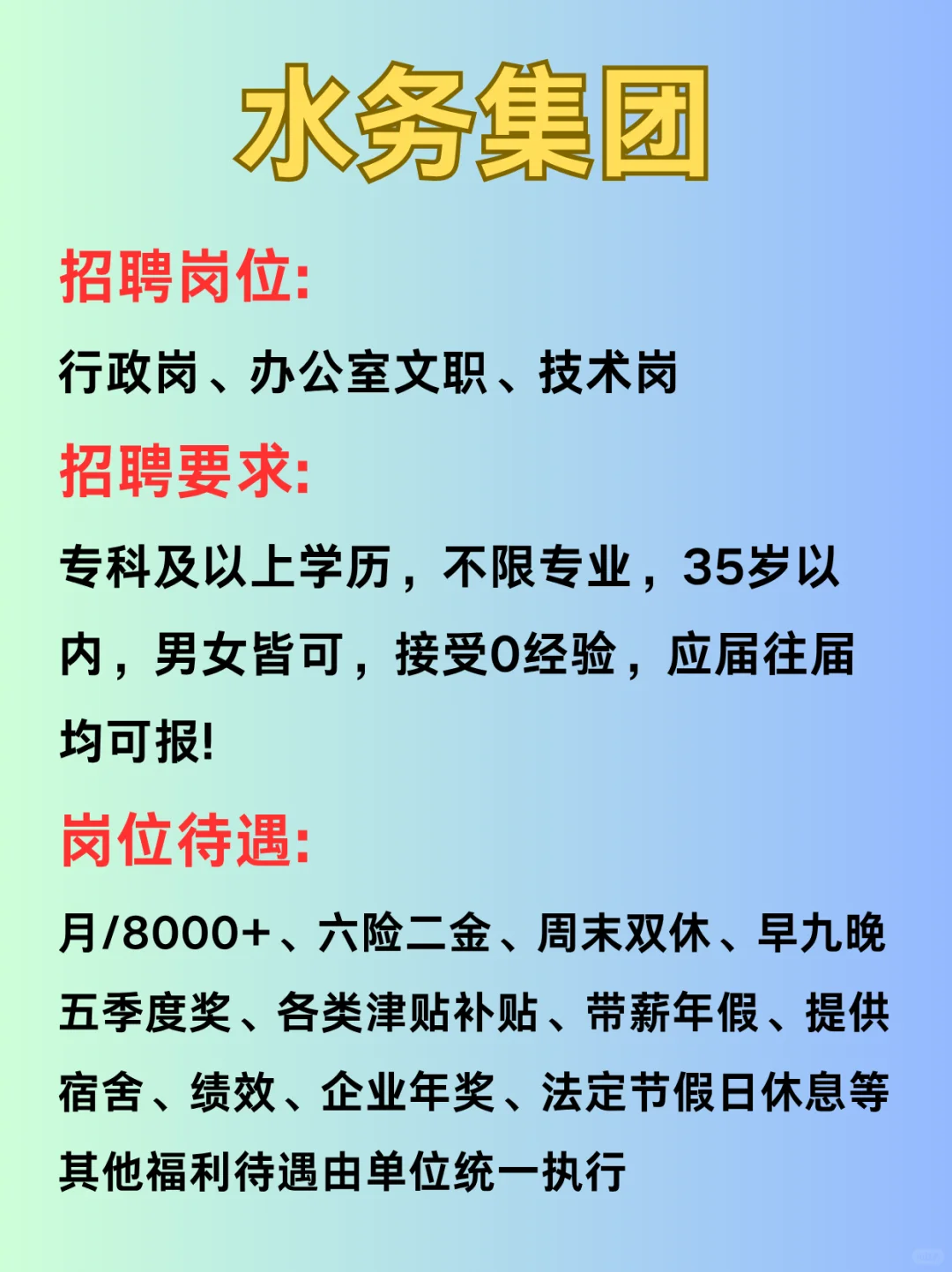 水务集团招聘，专科可报！