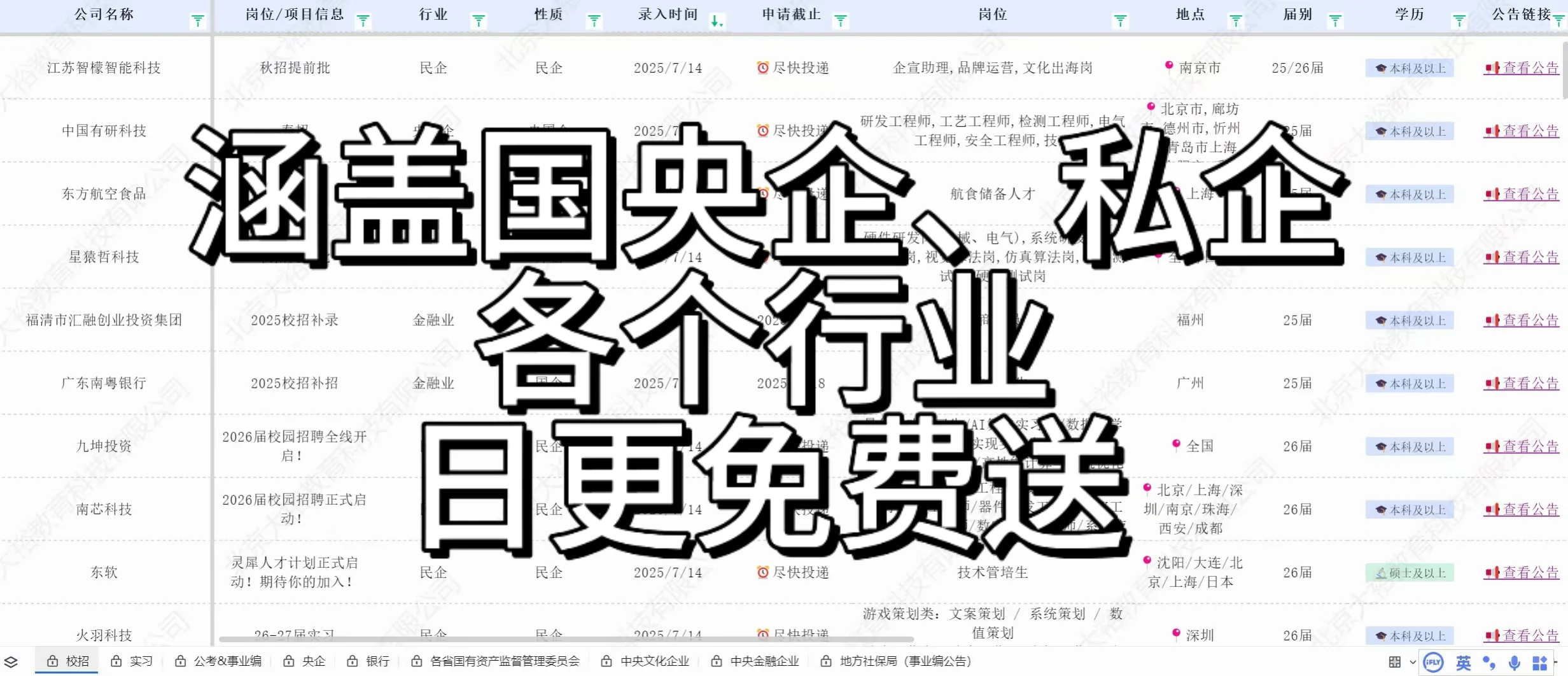 校招岗位汇总表,每日更新,免费领