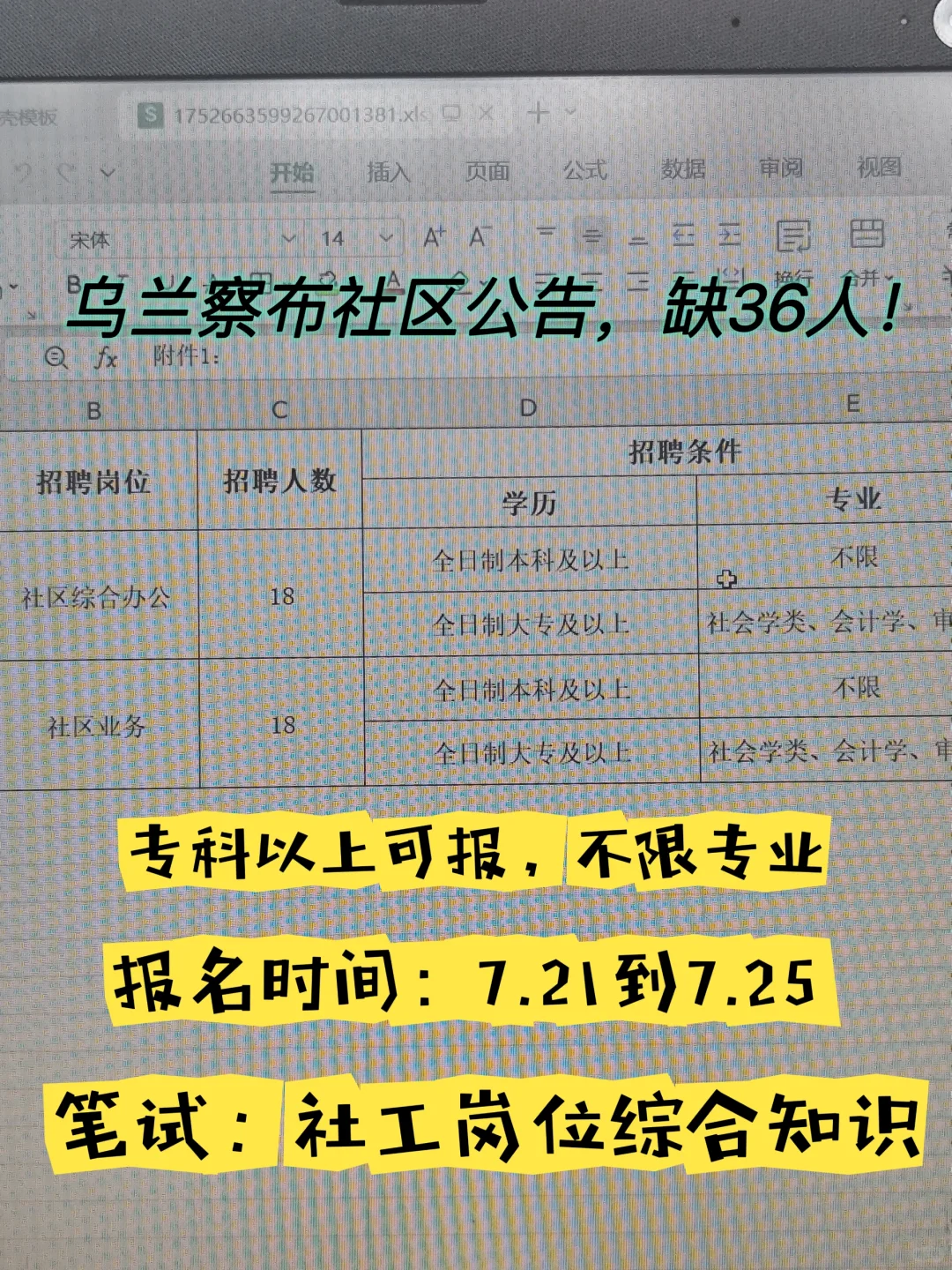 乌兰察布社区公告，缺36人！