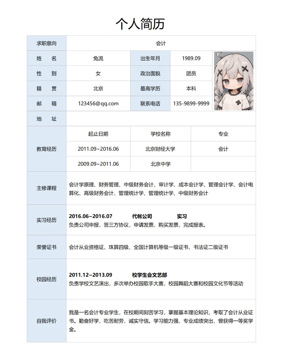 个人求职面试简历表格模版（简约小清新）