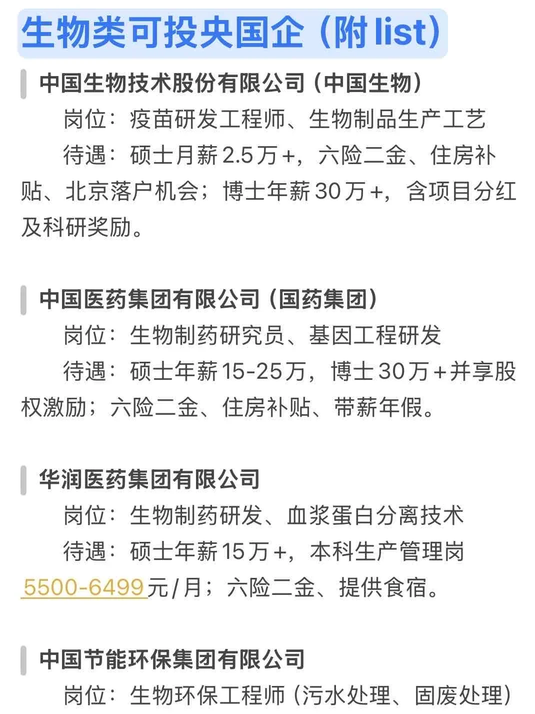 生物类可投央国企(附投递?)