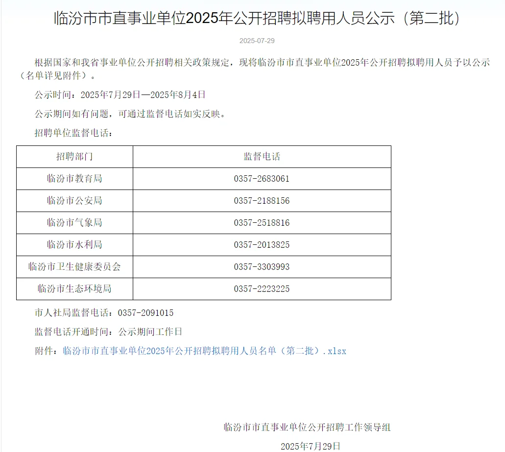 临汾市2025年市直事业单位招聘拟聘人员公示