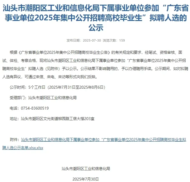 汕头|潮阳工业和信息化局公开招聘人员公示