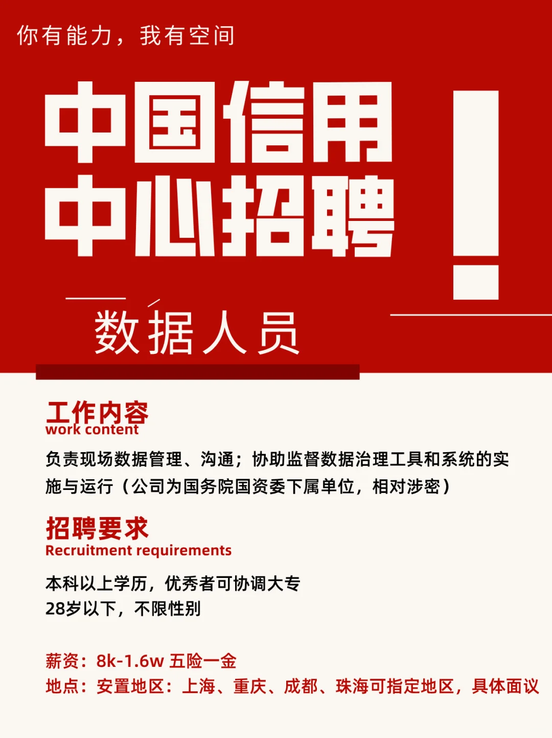 中国信用中心高端人才招聘启事❗