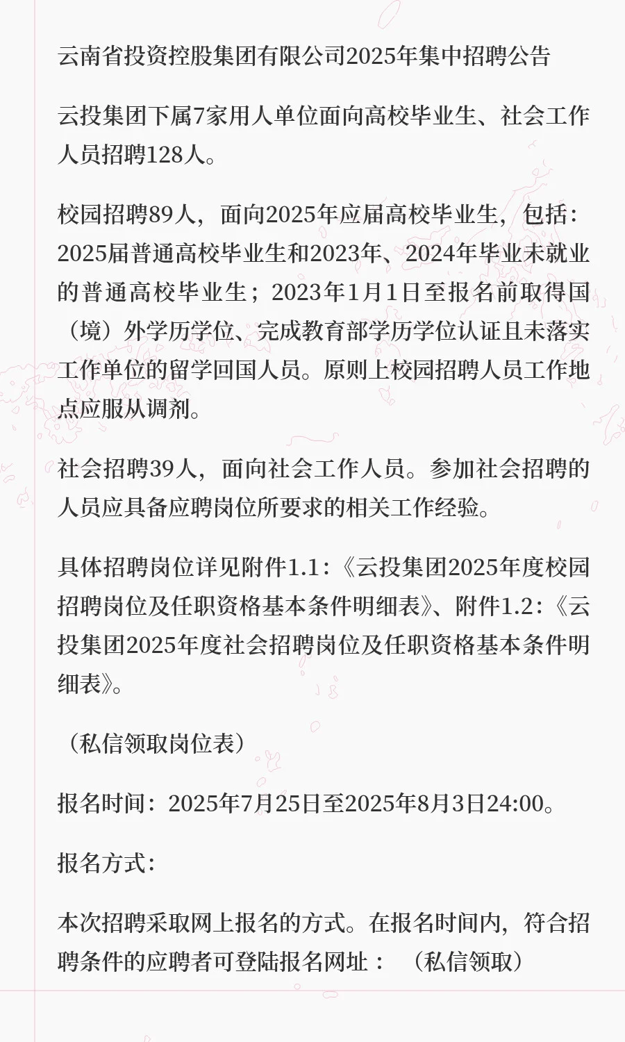 云南省投资控股集团有限公司25年集中招聘