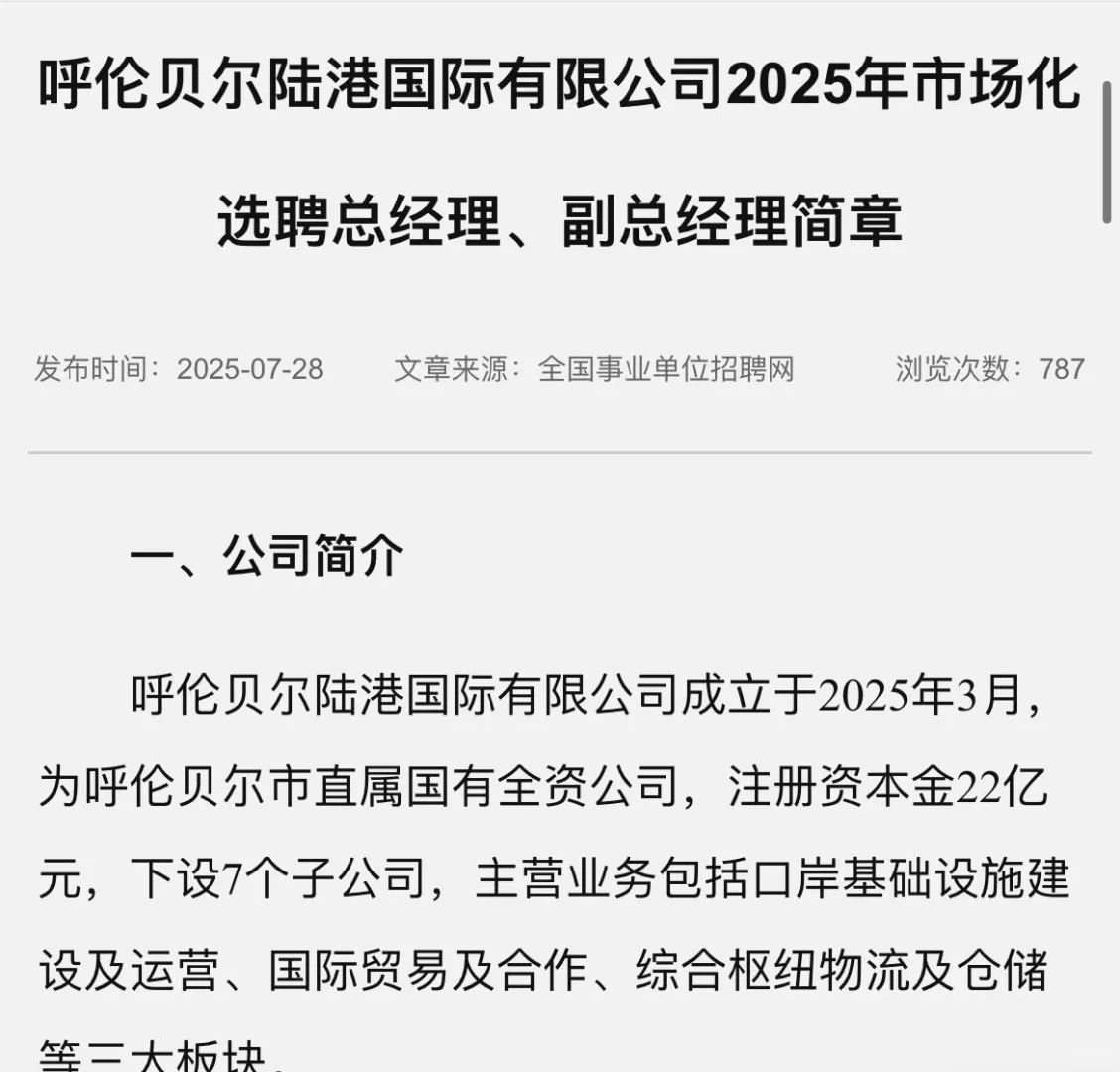 呼伦贝尔陆港国际有限公司2025年市场化选聘