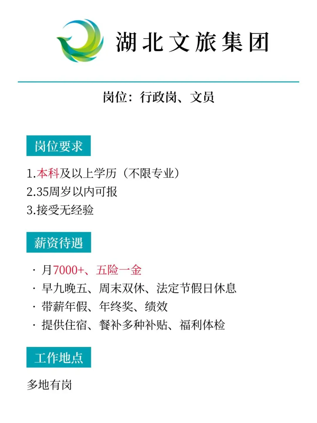 湖北文旅招人 月7000+七险二金 速投！