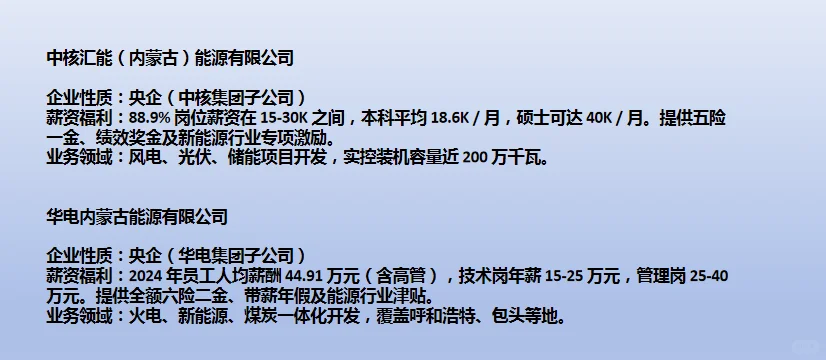 内蒙古待遇排名前10央国企