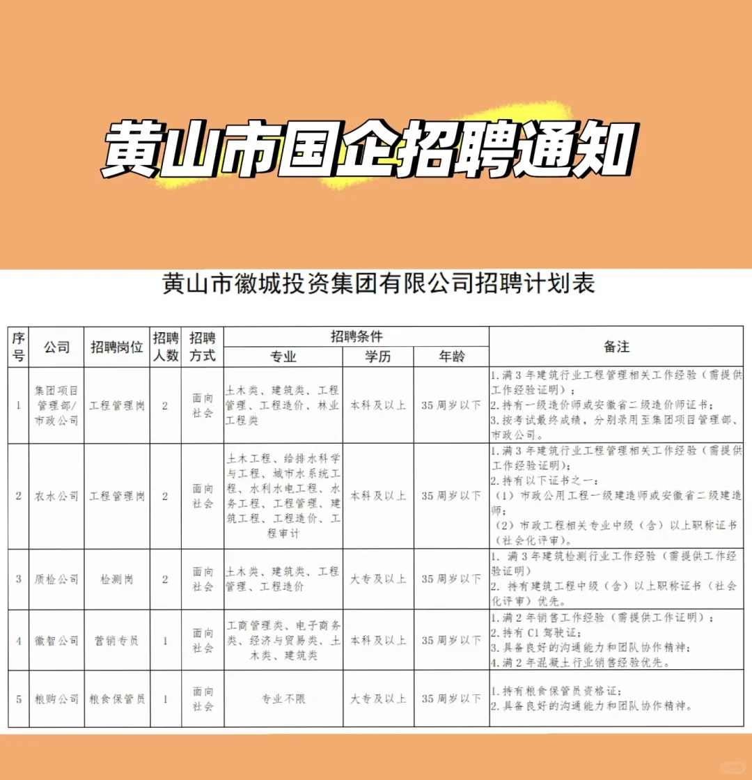 黄山市徽投集团招聘啦！