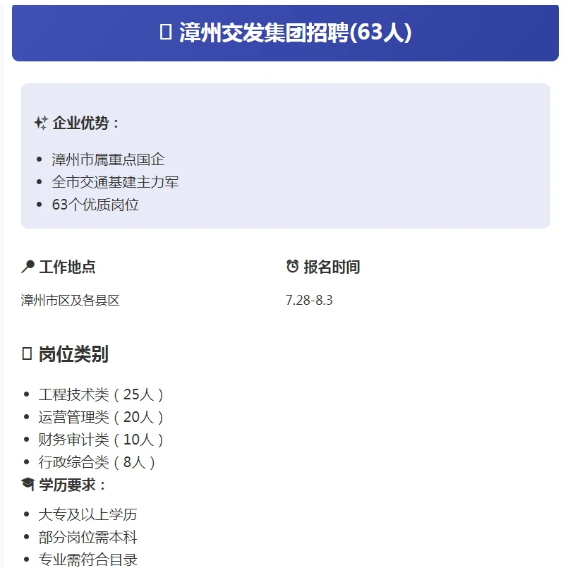 漳州交发集团63岗直招!五险二金!绩效奖金