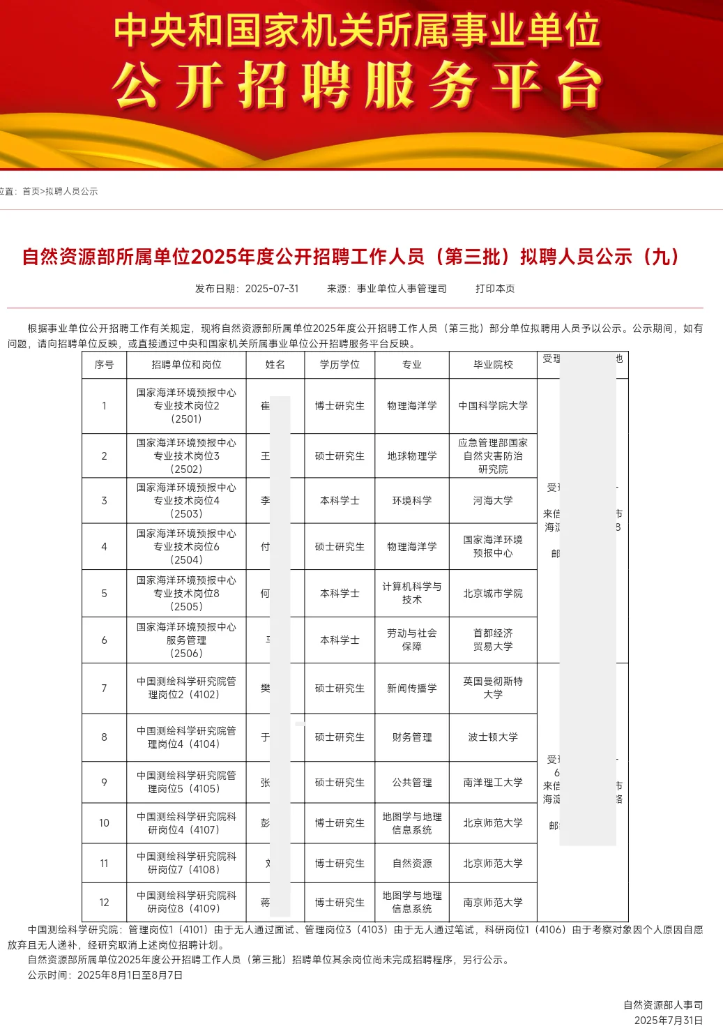自然资源部拟录用公示12人 恭喜上岸!