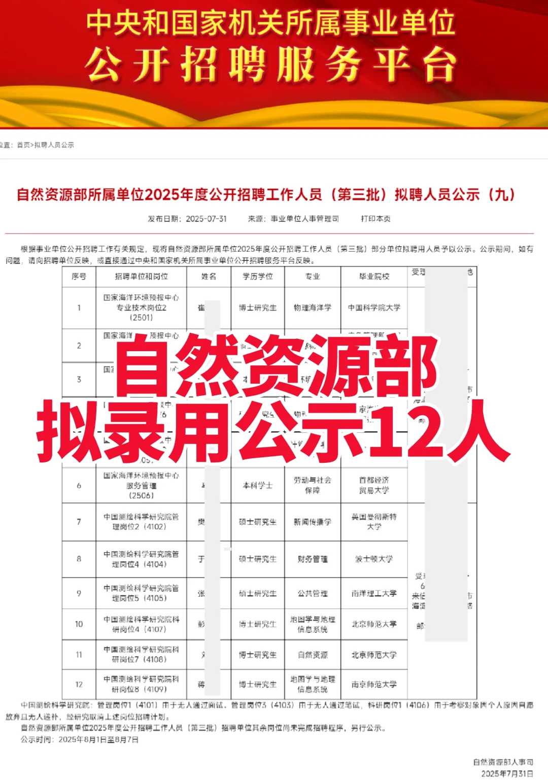 自然资源部拟录用公示12人 恭喜上岸!