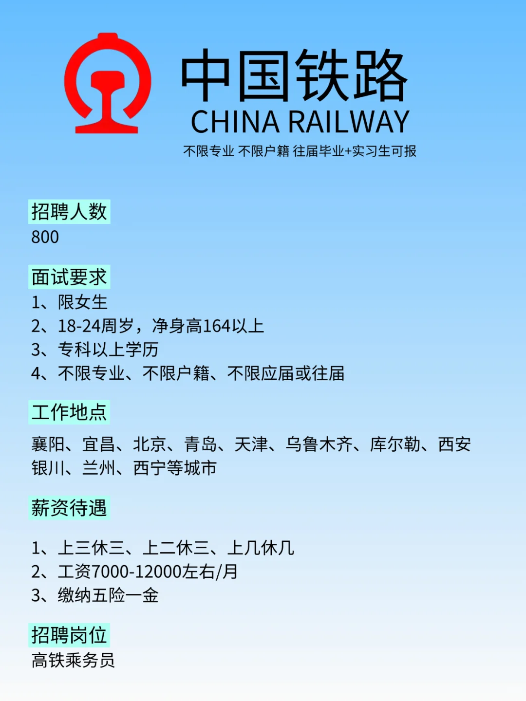 一些可遇不可求的工作铁路招人！大专可报❗