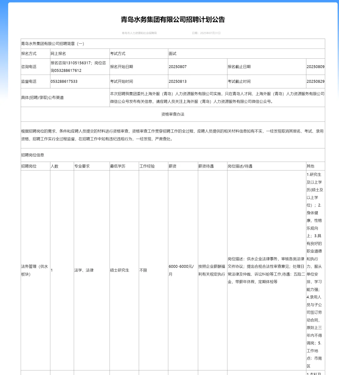 2025青岛水务集团招聘89人！！！