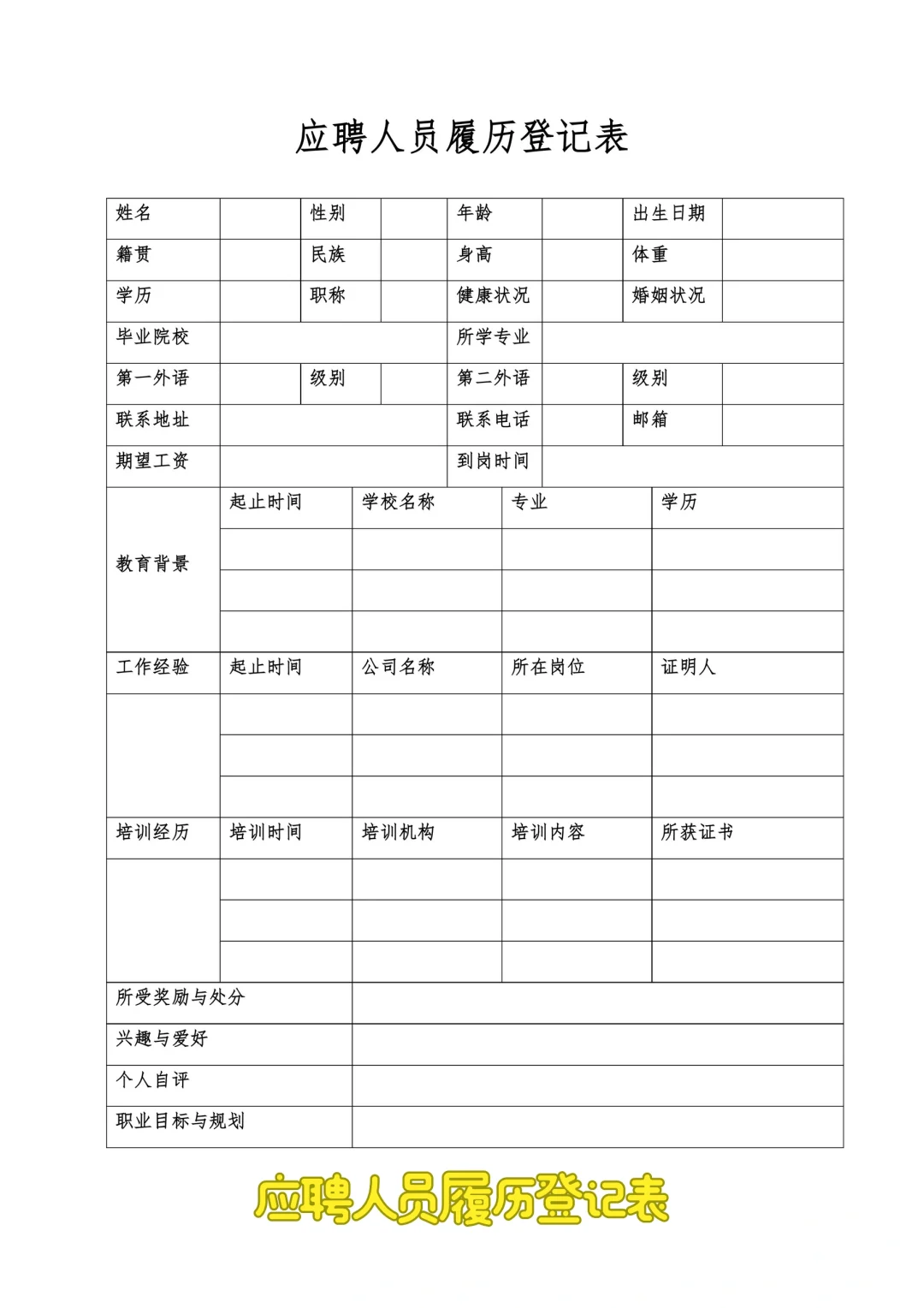【模板】应聘人员履历登记表