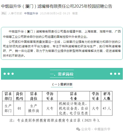福建中烟控股企业 招聘45人 大专起报