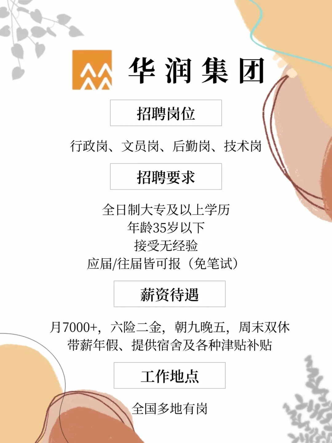 华润集团招人 专科起报 月7000+双休