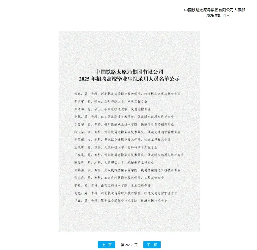 太原铁路局录用公示