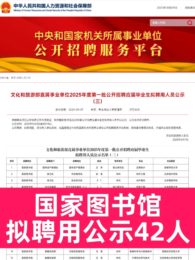 国家图书馆应届生拟聘用42人公示 恭喜上岸