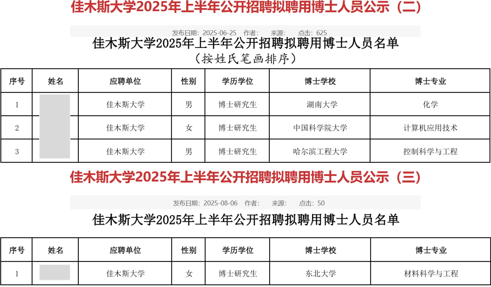 佳木斯大学2025年公开招聘博士公示名单