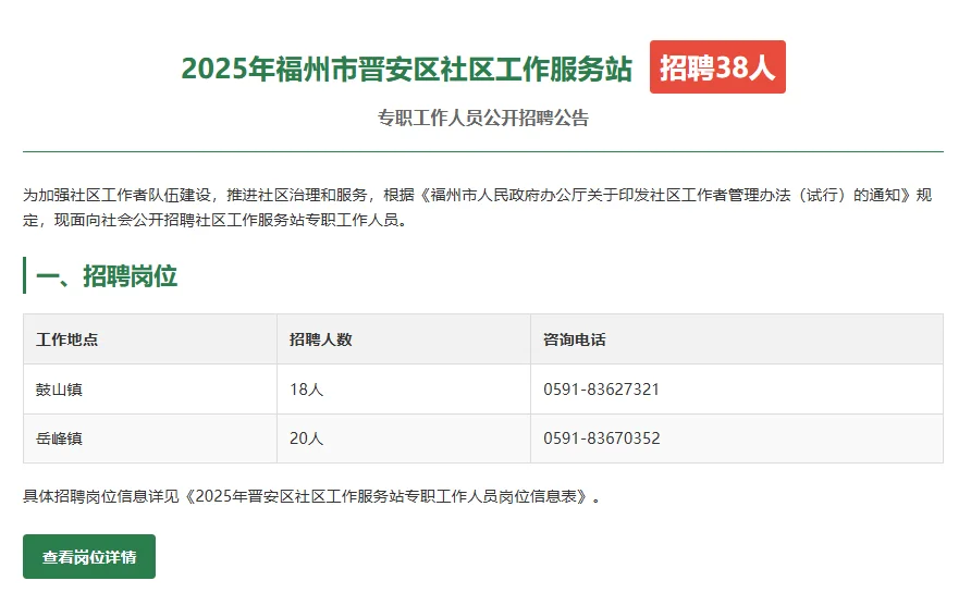 福州市晋安区社会区工作服务站招聘啦