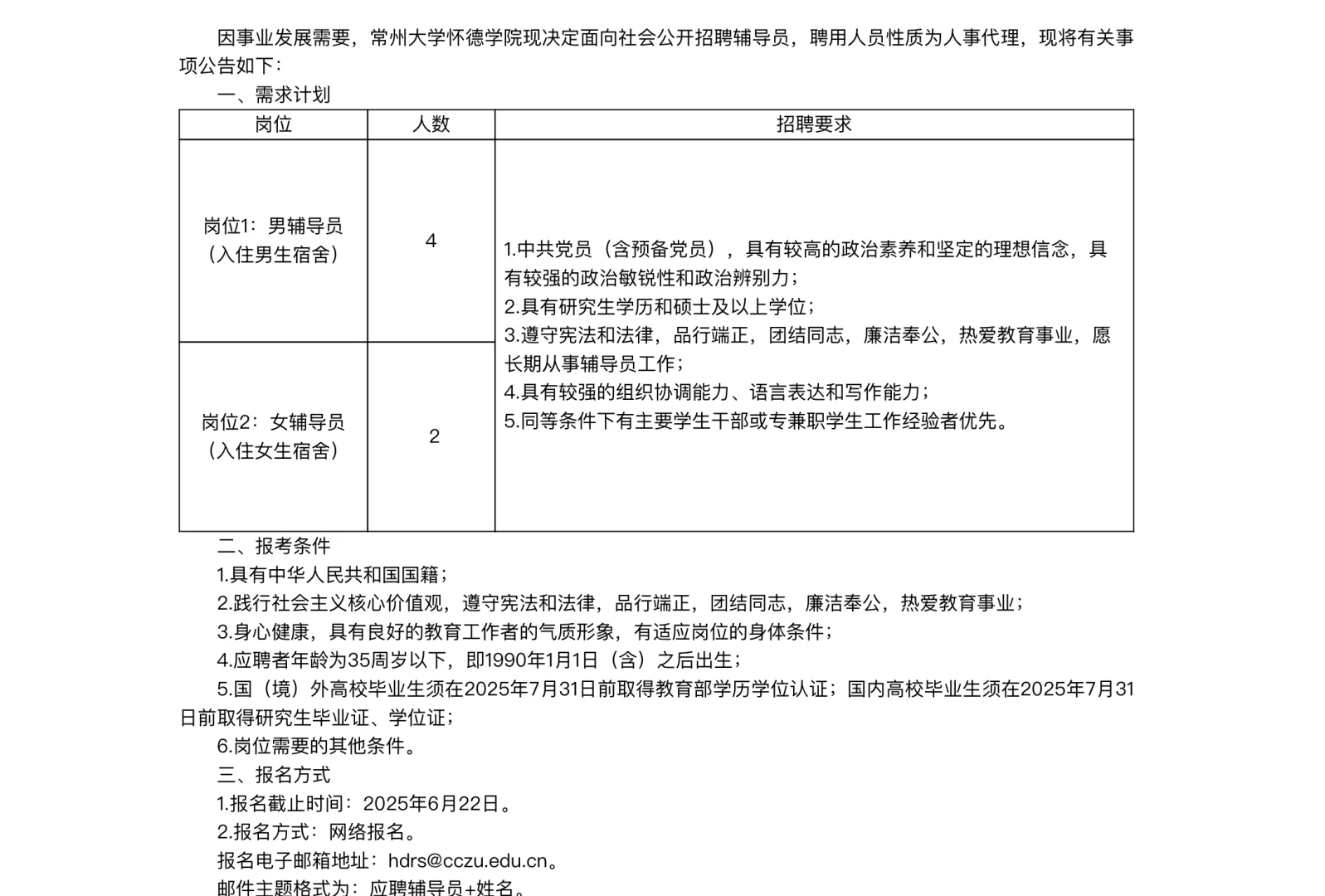常州大学怀德学院招聘辅导员