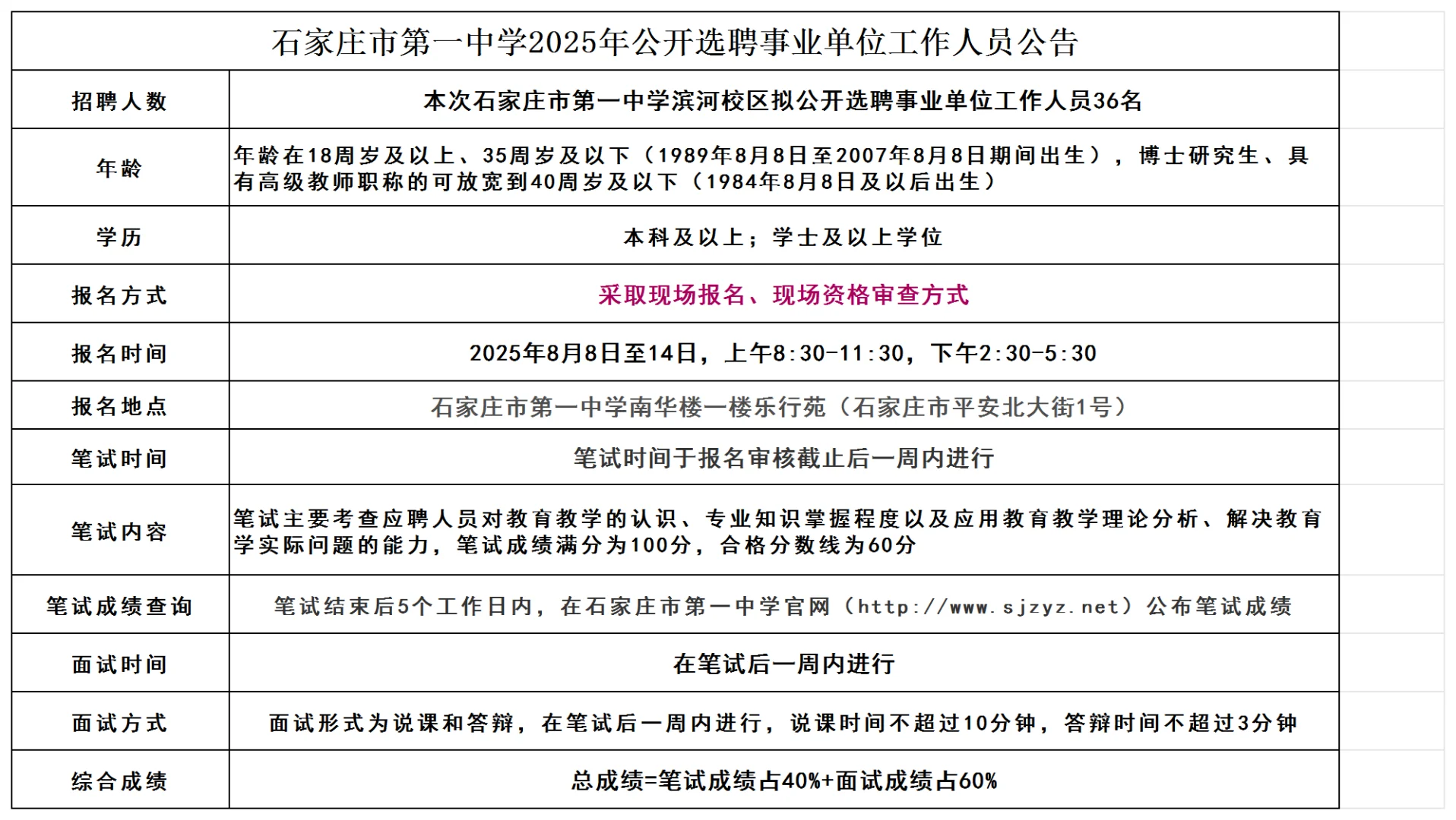 石家庄一中选聘公告