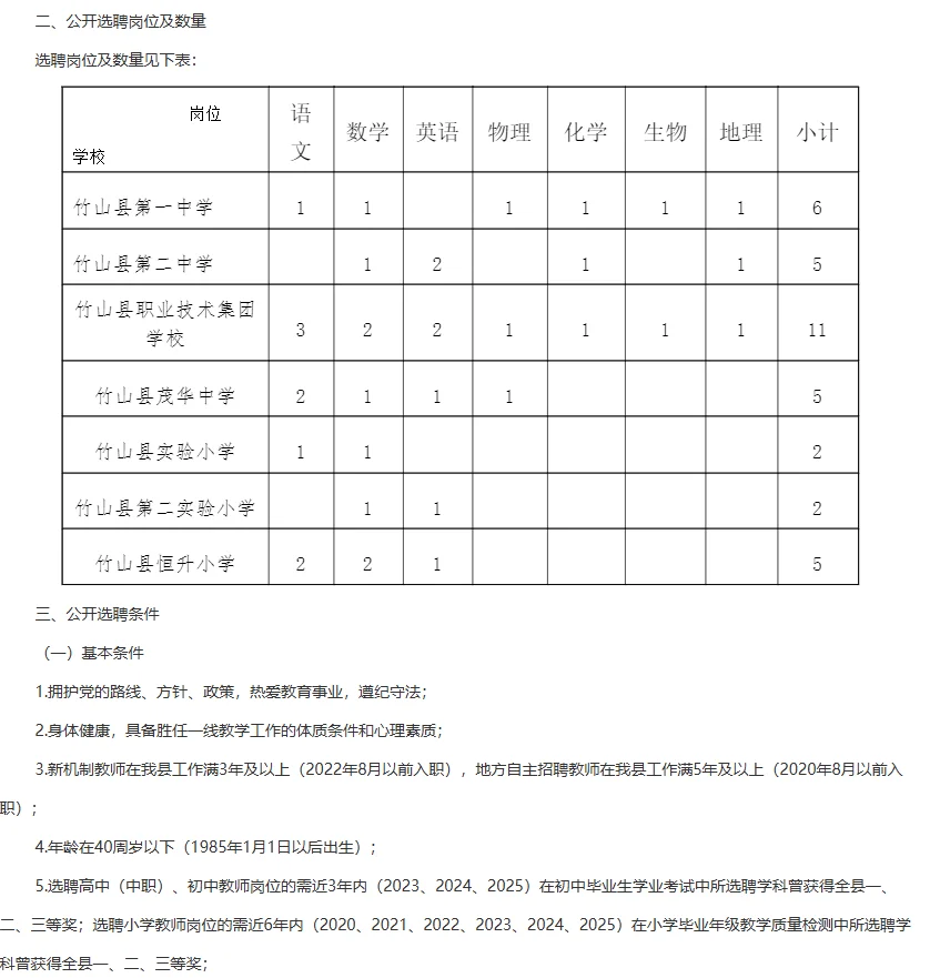 湖北十堰竹山县带编制教师选聘！