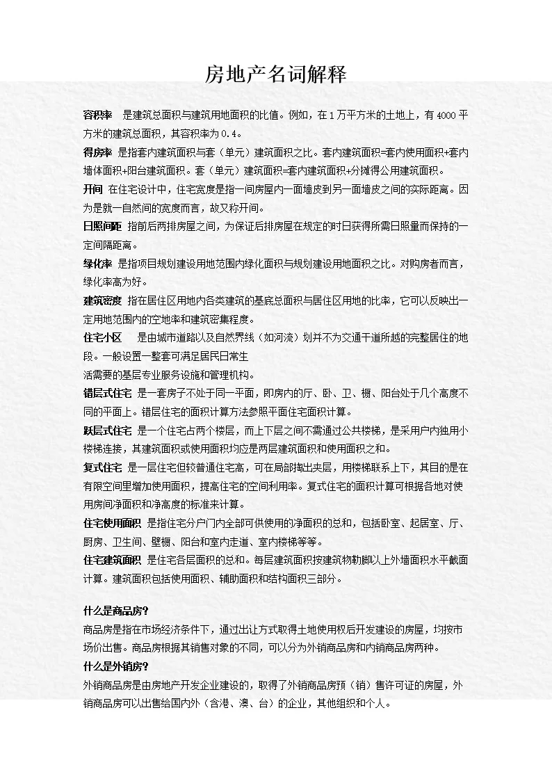 关于房地产的名词解释