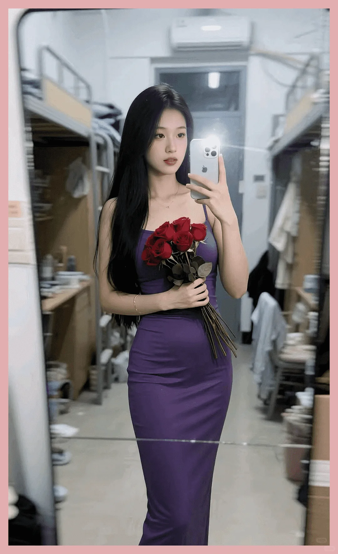03女大，对镜自拍，短裙