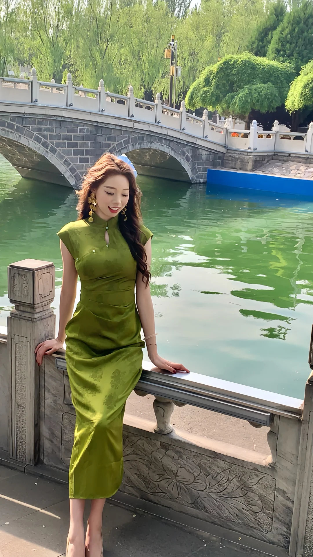 超显白的绿色旗袍，绝美
