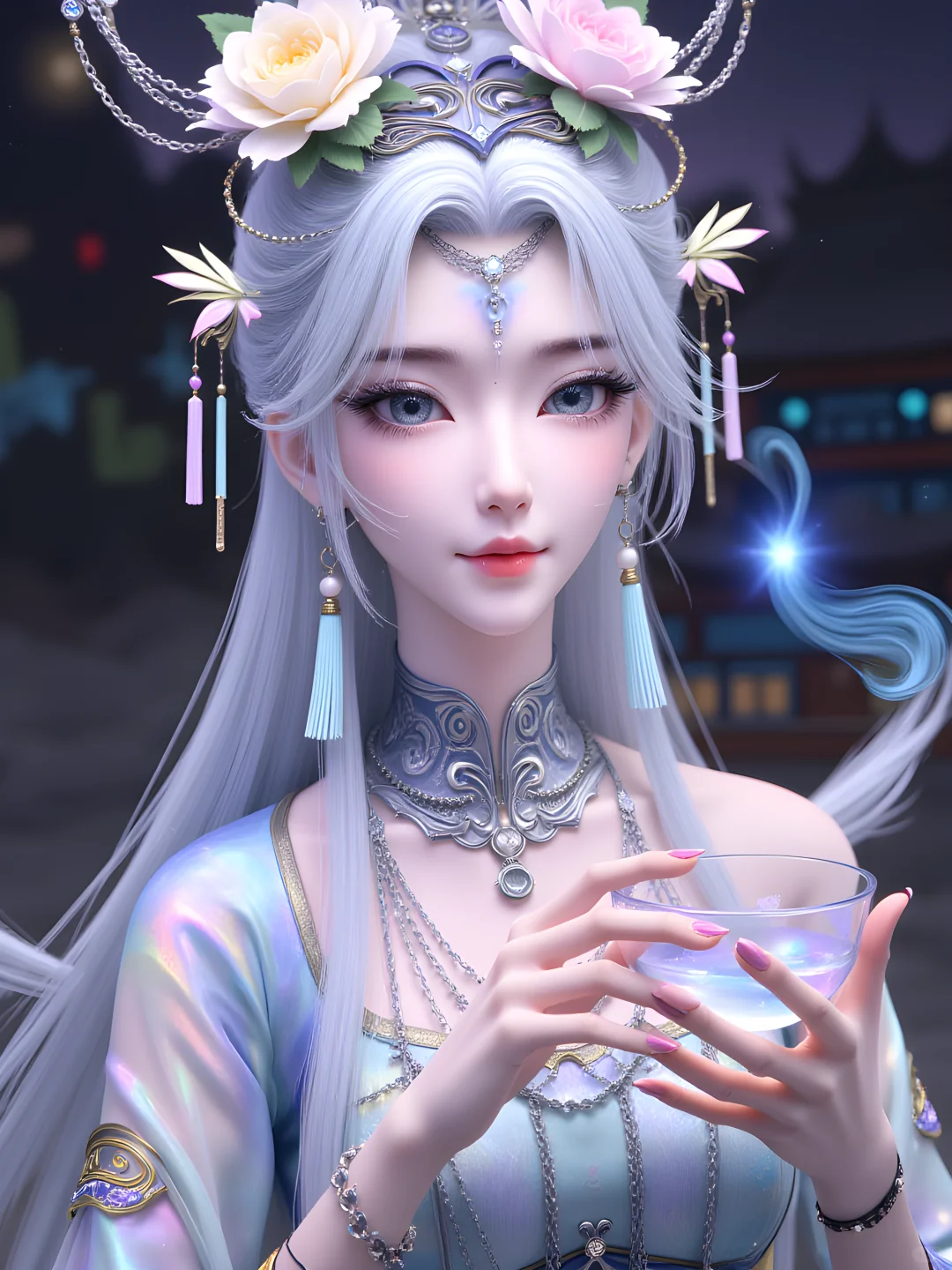 莫仙的绝世风华：银色长发与精致服饰
