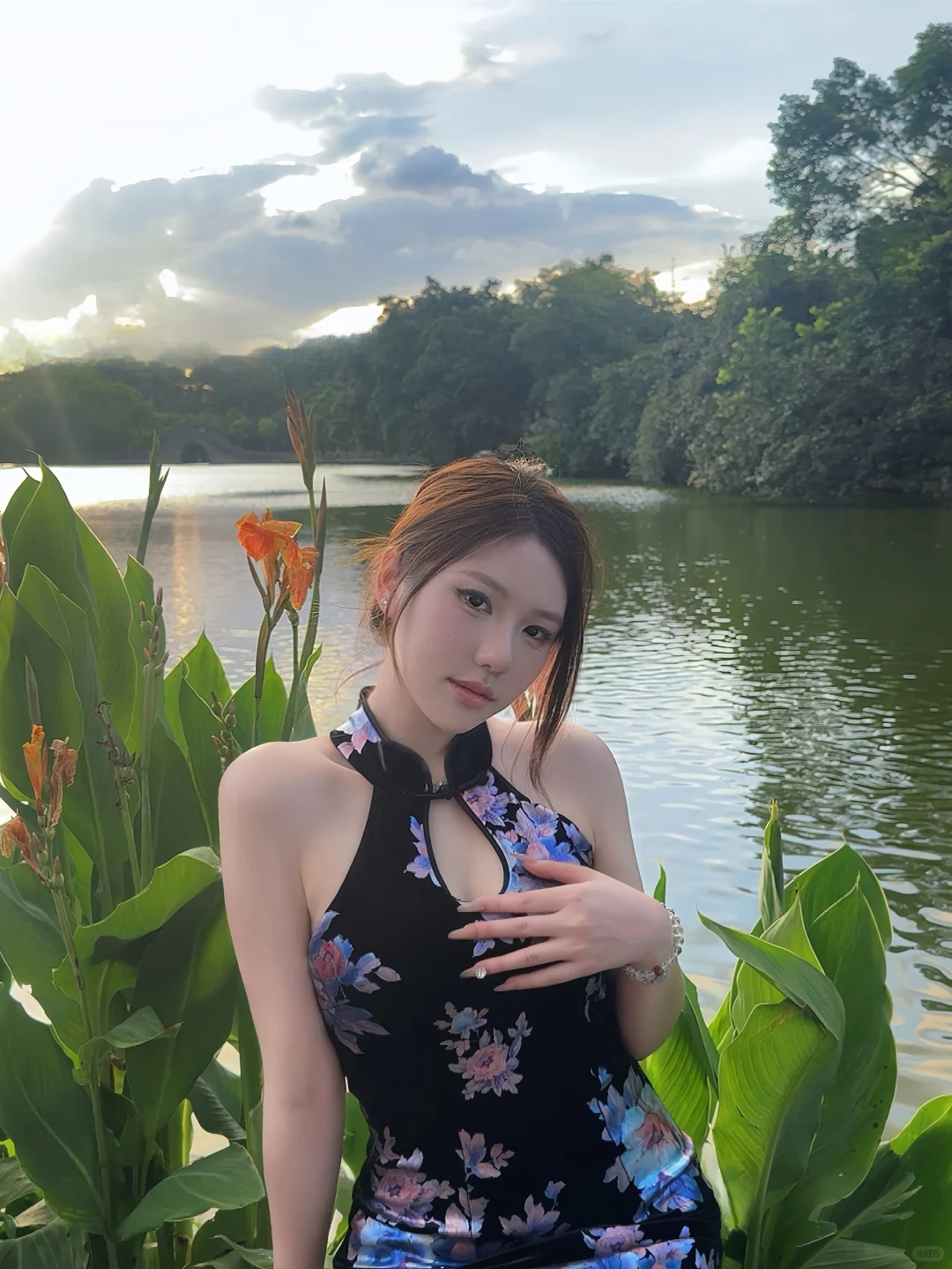 黑底旗袍和荷花池太搭配了！