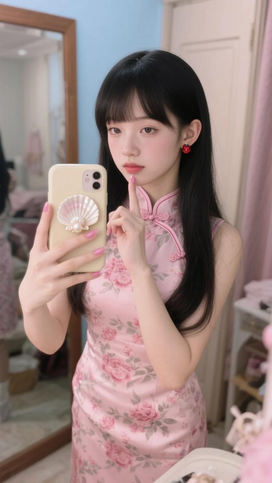 这套粉色旗袍➕红宝石耳太温柔了！我爱❤️