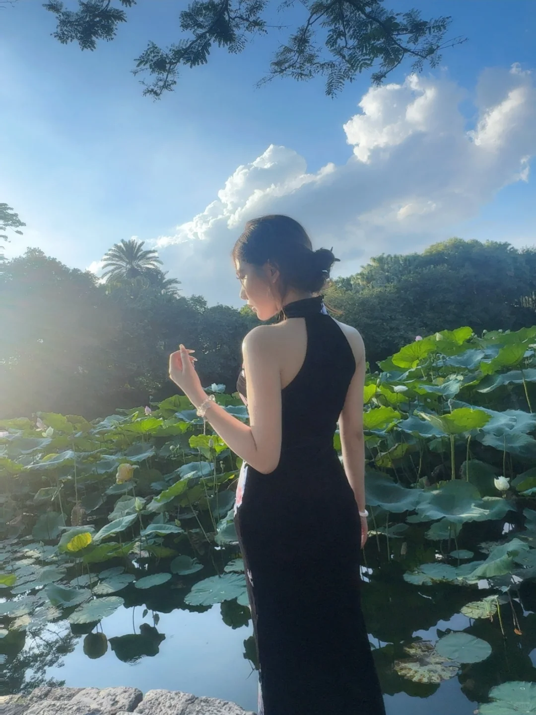黑底旗袍和荷花池太搭配了！