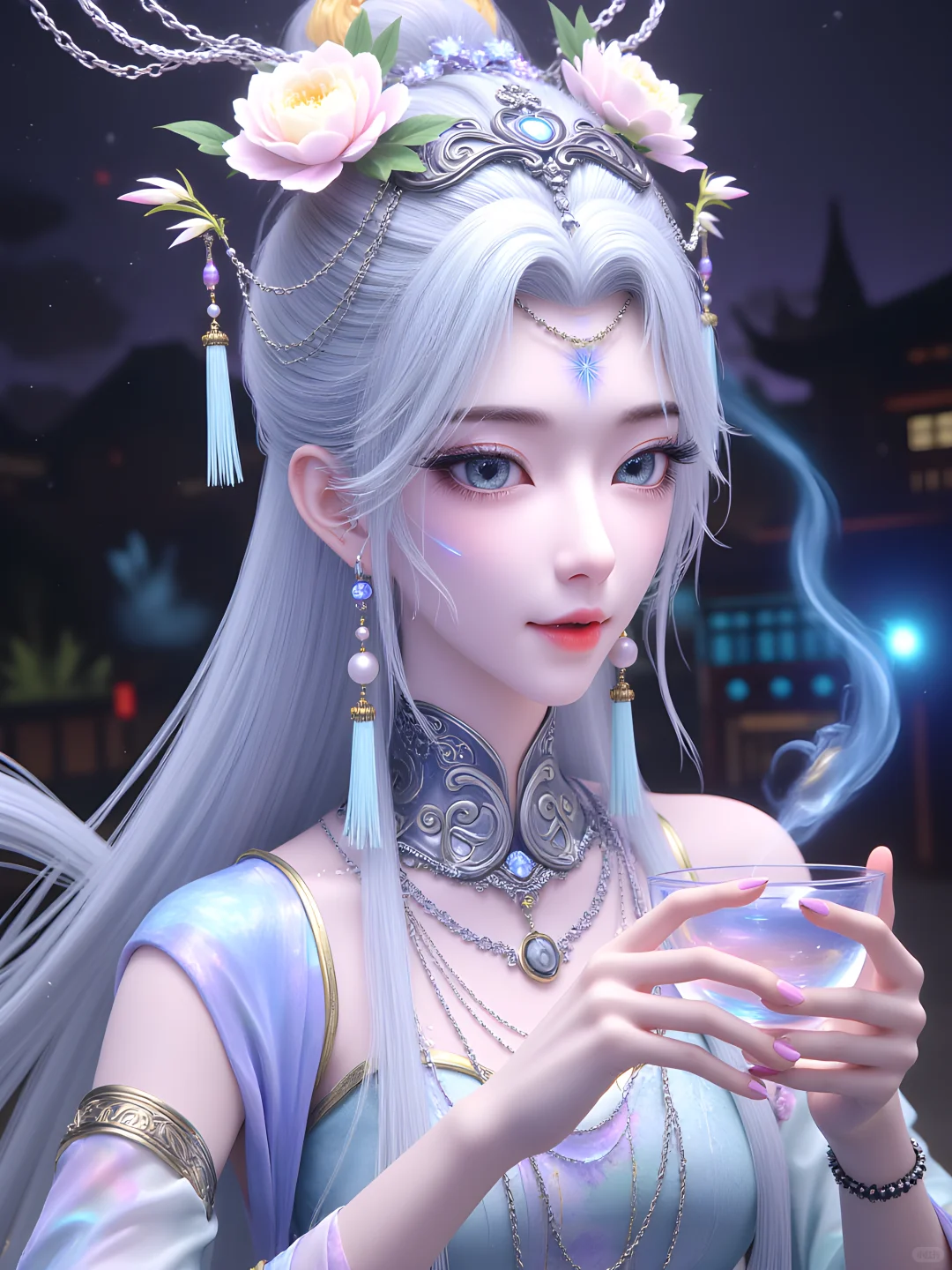 莫仙的绝世风华：银色长发与精致服饰