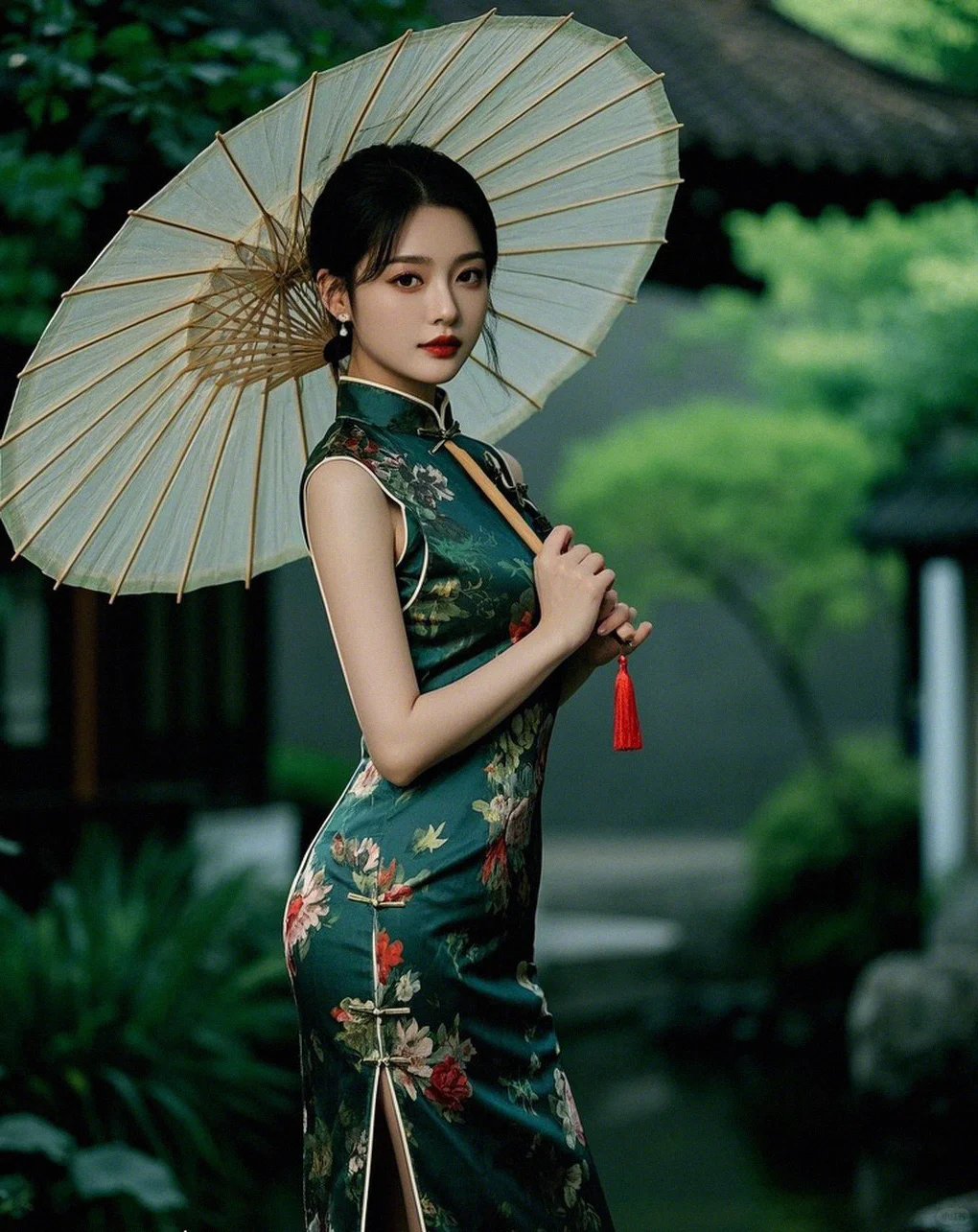 她手撑一把油纸伞，伞面似有繁花轻绽