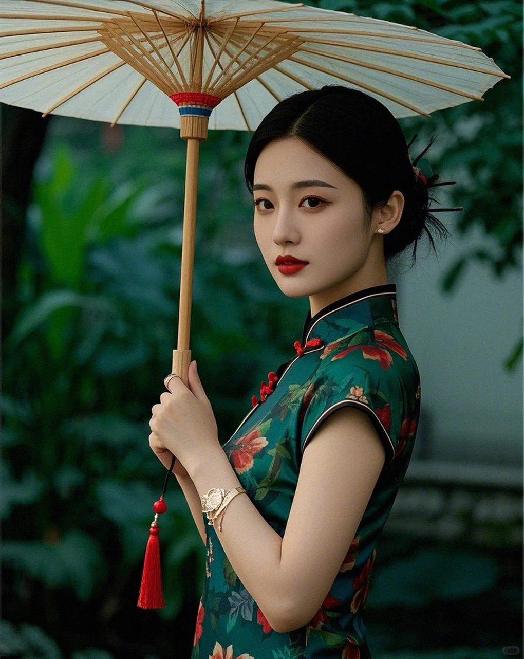 她手撑一把油纸伞，伞面似有繁花轻绽